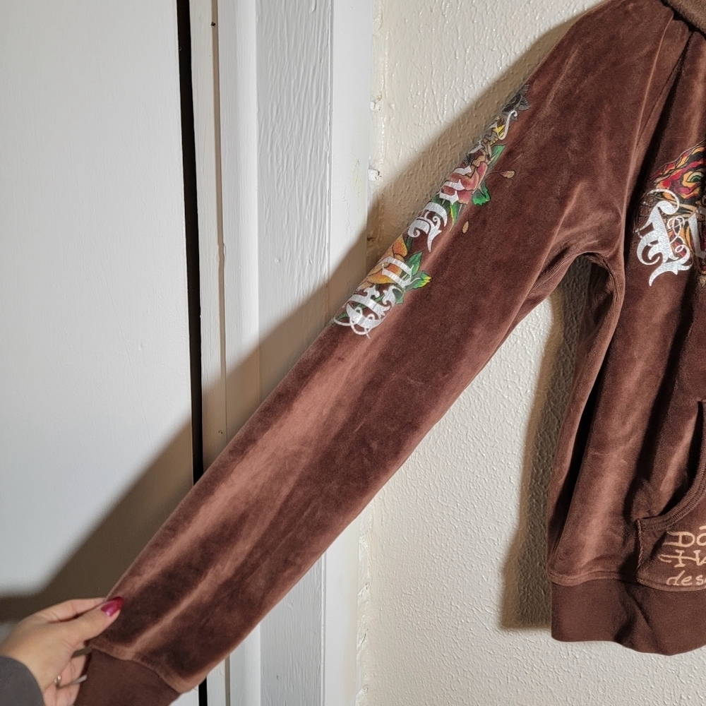 y2k Ed Hardy Tiger Rose Graphic Rhinestone Full Zip Velour Hoodie sz XL Brown - Picture 3 of 14